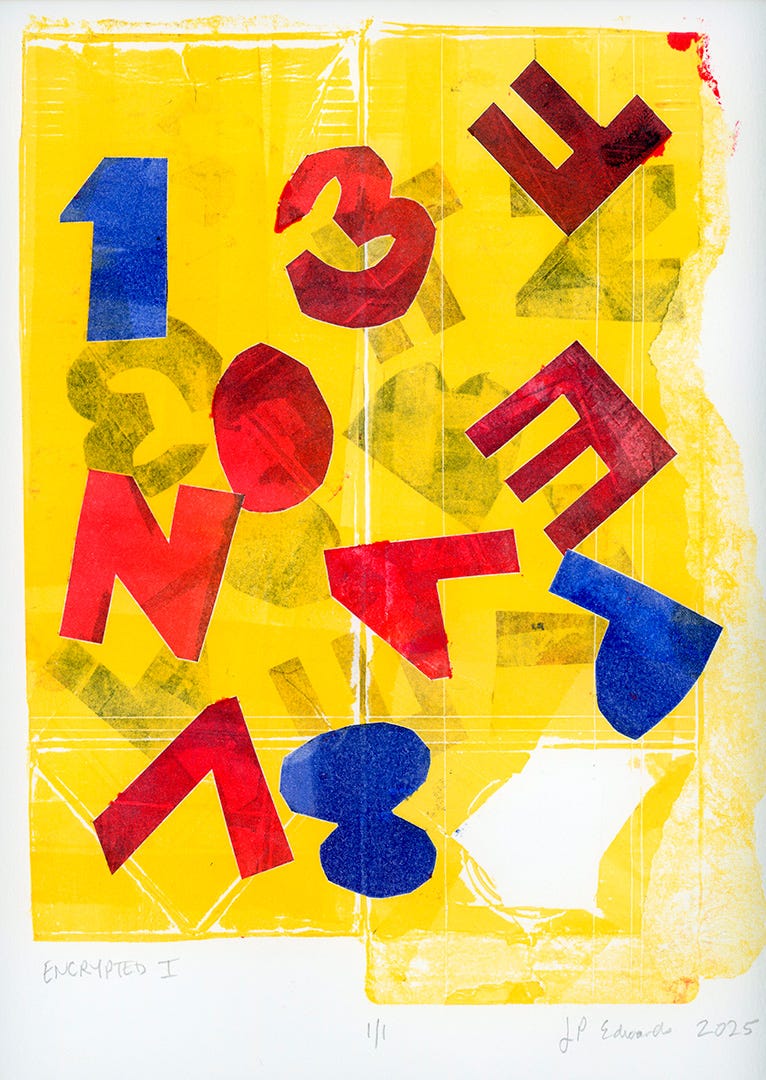 Hand-cut red, blue, and black letters and numbers on a yellow background