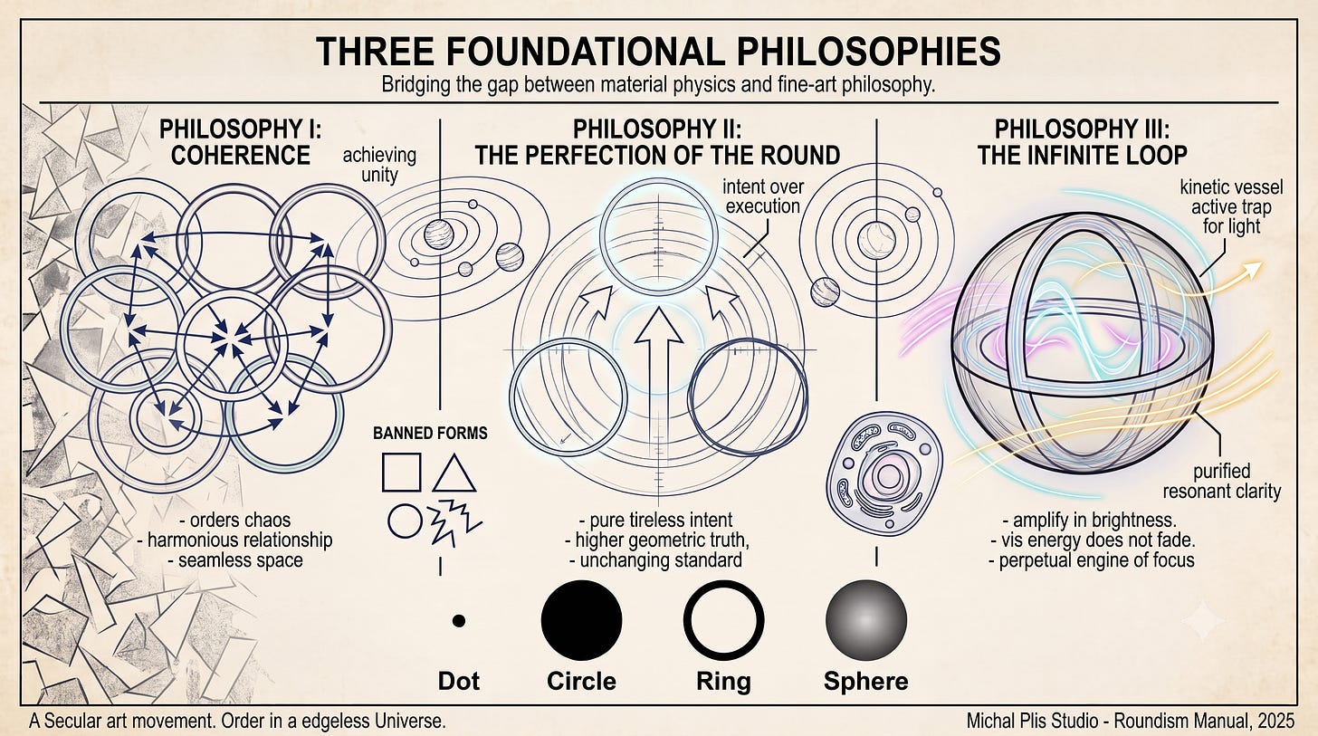 A detailed conceptual diagram titled "Three Foundational Philosophies" that breaks down the principles of Coherence, Perfection of the Round, and The Infinite Loop using complex circular networks and explanatory text. A detailed conceptual diagram titled "Three Foundational Philosophies" that breaks down the principles of Coherence, Perfection of the Round, and The Infinite Loop using complex circular networks and explanatory text.