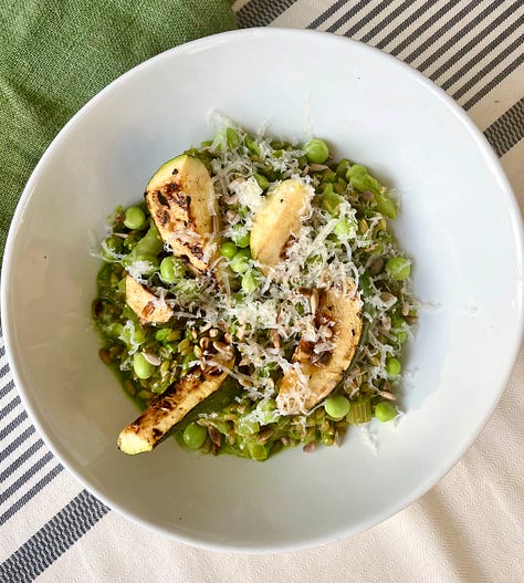 White bean avocado and herb salad, melon ricotta salad, green zucchini farro, strawberry bruschetta, tempeh reubens, cherry almond cake