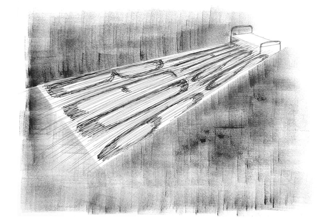 Black and while ink illustration of a spartan bed in the right top corner, casting a large shadow occupying most of the field as if screaming: "This is BED 6!"