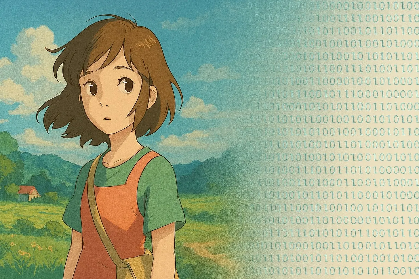 An illustrated countryside scene with binary code over one half.
