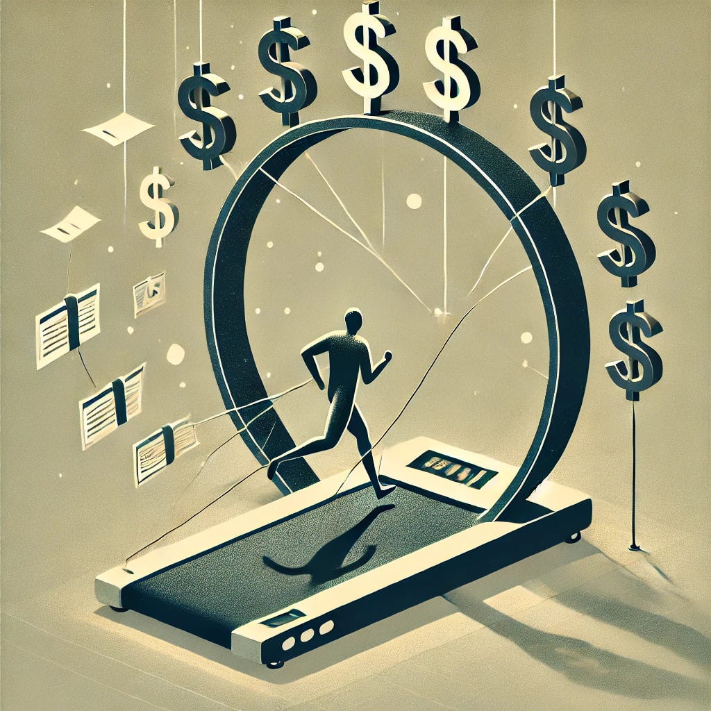 A minimalistic and abstract illustration depicting the concept of the hedonic treadmill. The image shows a figure running endlessly on a treadmill that transforms into a circular loop, symbolizing perpetual motion without progress. The treadmill is surrounded by floating dollar signs and loan papers, which are tethered to the treadmill by strings, representing endless refinancing. The figure's shadow elongates behind them, symbolizing an abstract future being stretched thin. The color palette is muted, using shades of gray and subtle hints of gold to highlight the financial elements, giving a sense of modernity and detachment.