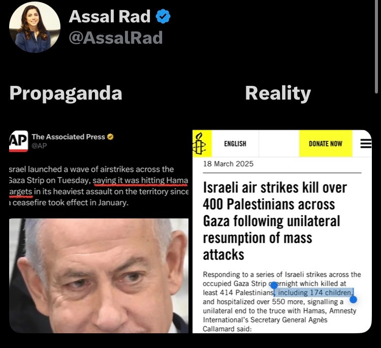 A screenshot of a post that shows A statement from the Associated Press with a part that gives Israel the mic on its reasons for genocide highlighted, next to a post from Amnesty explaining that Israel killed 400 people, many of them children.