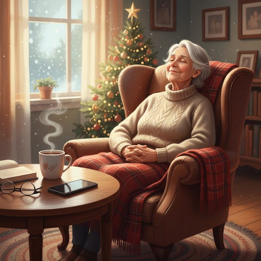An older woman sitting peacefully in a chair with her eyes closed, a steaming cup of coffee in front of her, and snow falling through the window. An older woman sitting peacefully in a chair with her eyes closed, a steaming cup of coffee in front of her, and snow falling through the window.