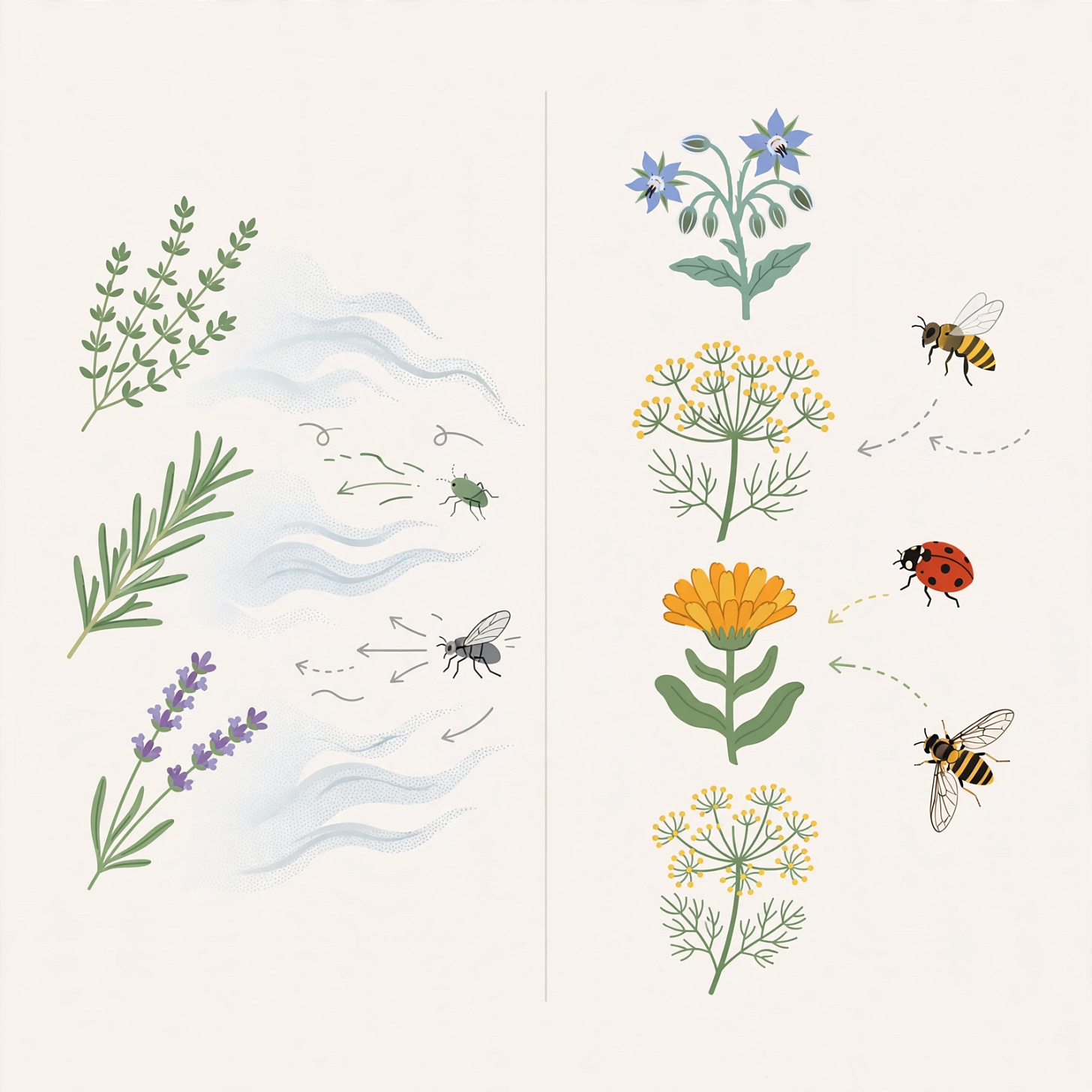 Schéma répulsion ravageurs et attraction pollinisateurs