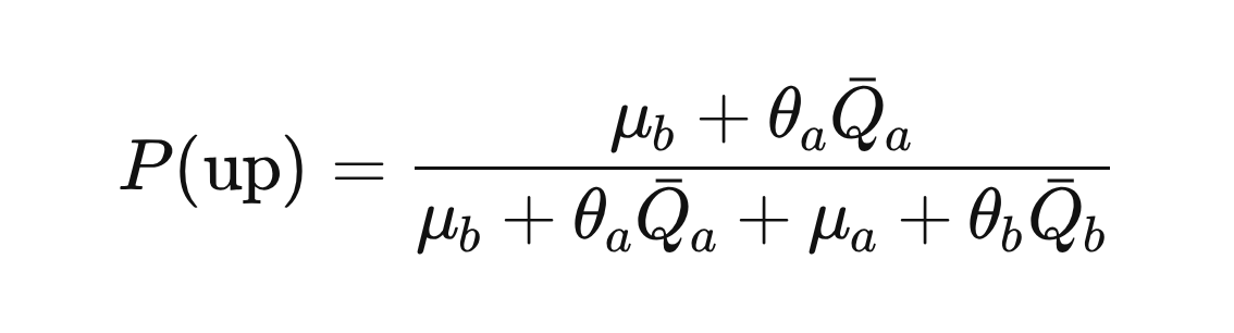 P(\text{up}) = \frac{\mu_b + \theta_a \bar{Q}_a}{\mu_b + \theta_a \bar{Q}_a + \mu_a + \theta_b \bar{Q}_b} P(\text{up}) = \frac{\mu_b + \theta_a \bar{Q}_a}{\mu_b + \theta_a \bar{Q}_a + \mu_a + \theta_b \bar{Q}_b}