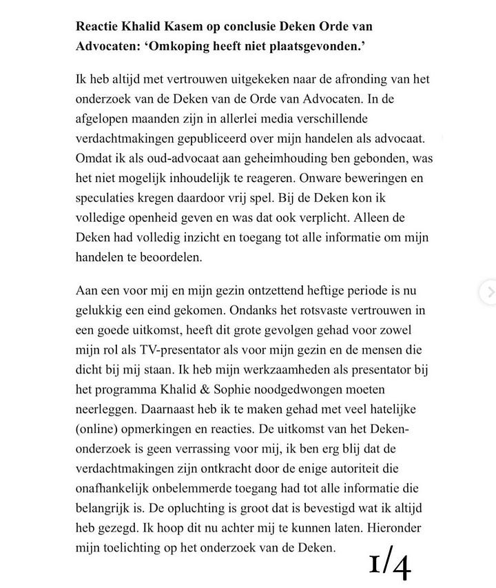 Screenshots verklaring Kasem, via Instagram