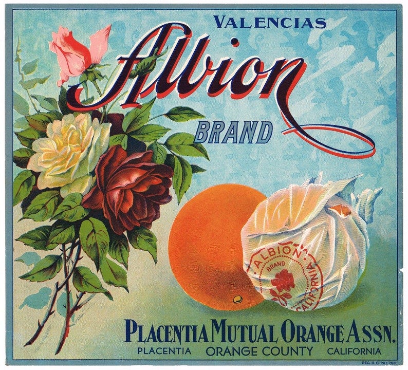 Original vintage citrus crate label 1930s Albion Placentia image 1