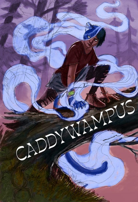 a series of color combinations for a girl standing on a log with parts of her face and hand turning into a cougar with mist surrounding her.