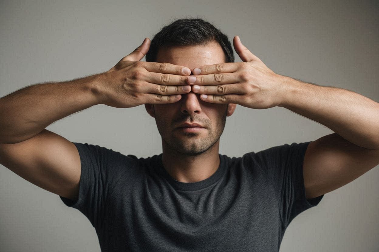 A man with his arms horizontal tightly holding his hands over his eyes with his fingers together so that he can't see anything
A man with his arms horizontal tightly holding his hands over his eyes with his fingers together so that he can't see anything