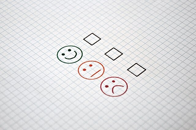 scorecard graphic - a smiley face, meh face and frowny face, with boxes beside them ready to be ticked or not. From Wikimedia Commons