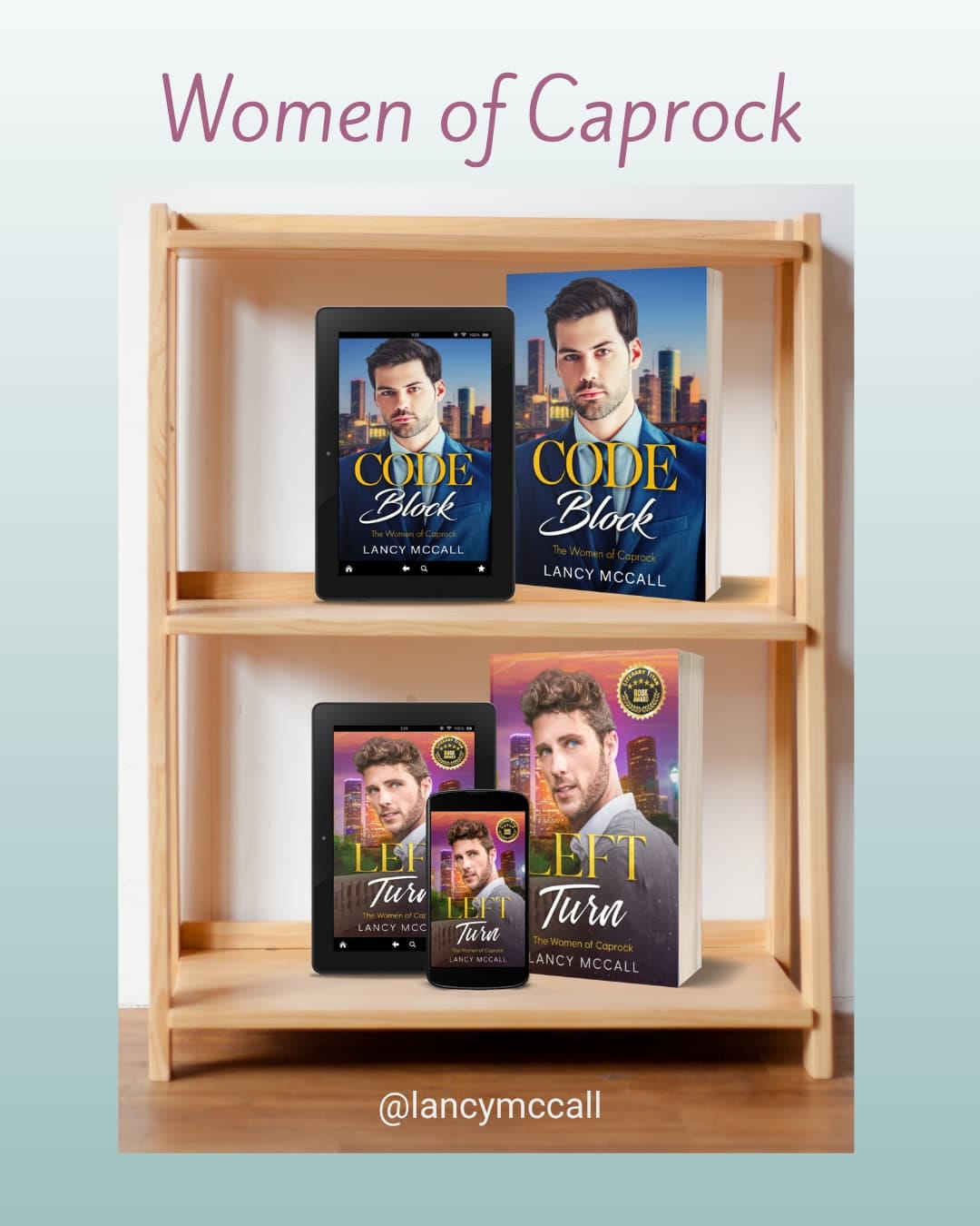 bookshelf containing two books by Lancy McCall: Left Turn and Code Block