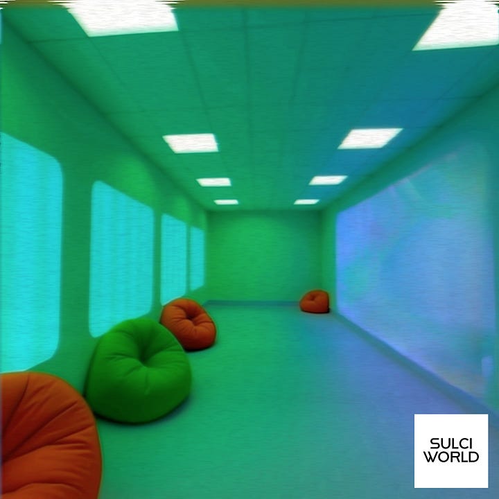 Left image: AI render by SULCI WORLD. Gallery room is illuminated in pink and blue light. A figure stands facing three rounded screens. The screens show swirling blue abstract art. Large blue and pink artworks on the walls. SULCI WORLD logo bottom right hand corner. Right Image: AI render by SULCI WORLD. A green gallery room under ceiling lights. Large blue and purple projections each side. Soft orange and green beanbag chairs on the floor. SULCI WORLD logo bottom right hand corner. 