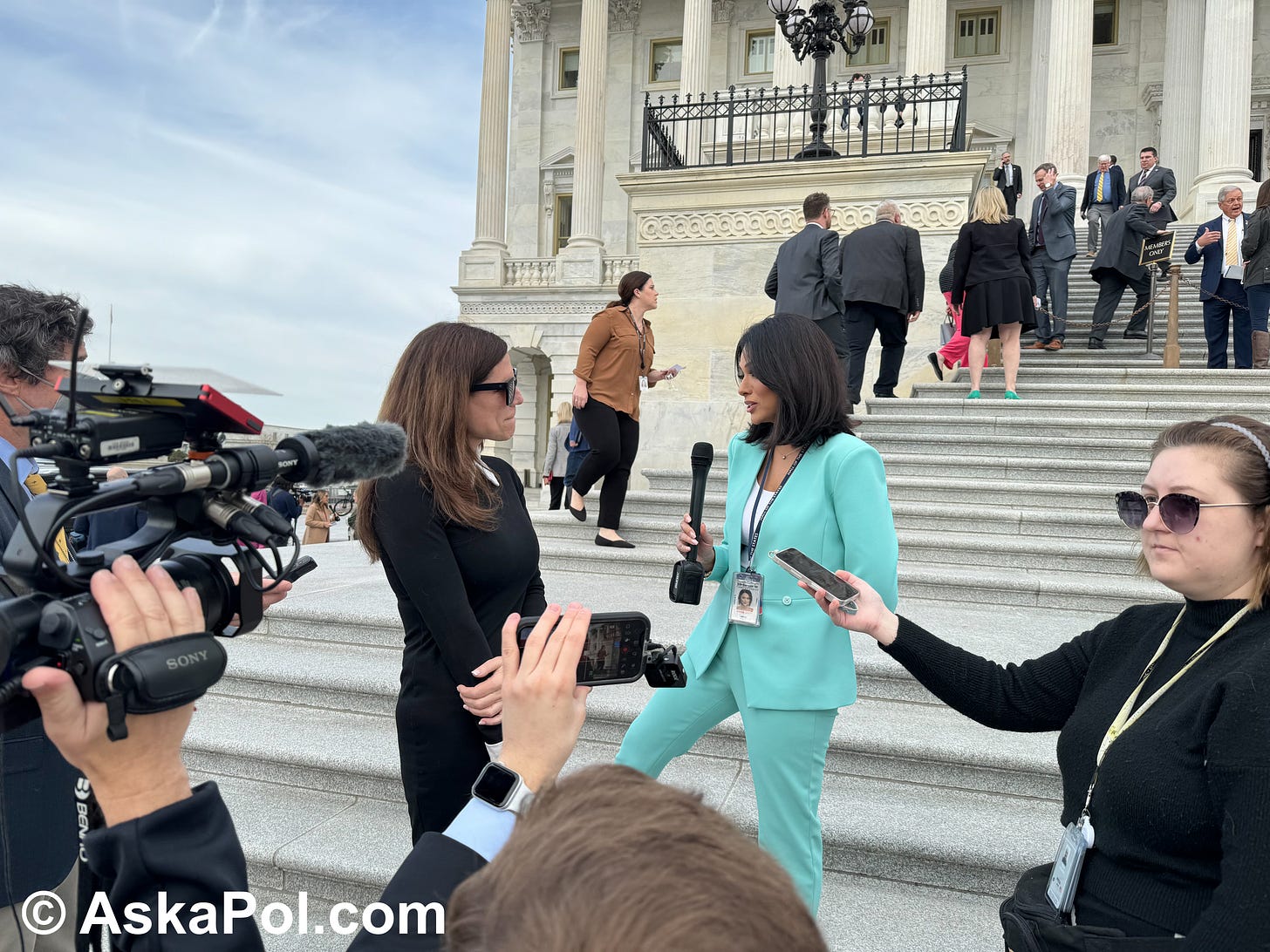 A female politician is interviewed on camera by a female TV correspondent Photo: Matt Laslo 
