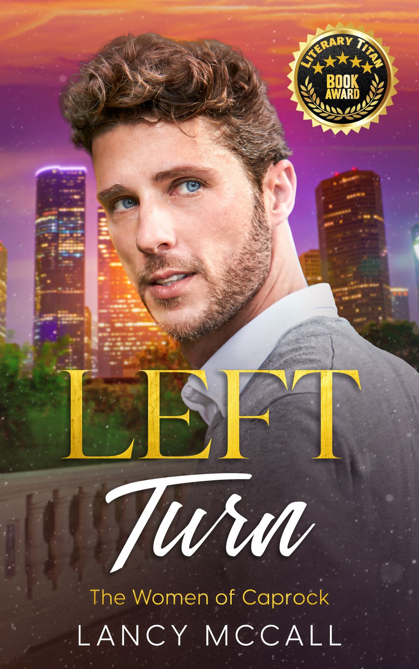 Book cover for Left Turn featuring handsome man with evening cityscape background
