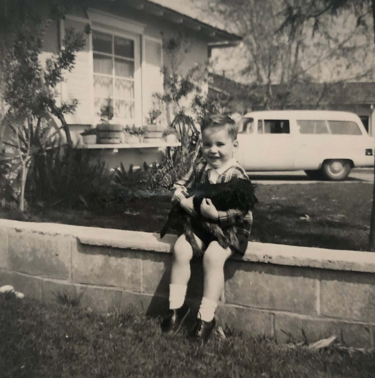 A little boy sitting on a half wall and holding a black puppy in his arms. A little boy sitting on a half wall and holding a black puppy in his arms.