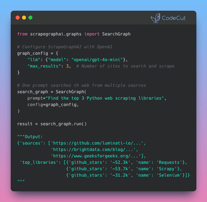 Code example: ScrapeGraphAI: Research Multiple Sites with One Prompt Code example: ScrapeGraphAI: Research Multiple Sites with One Prompt