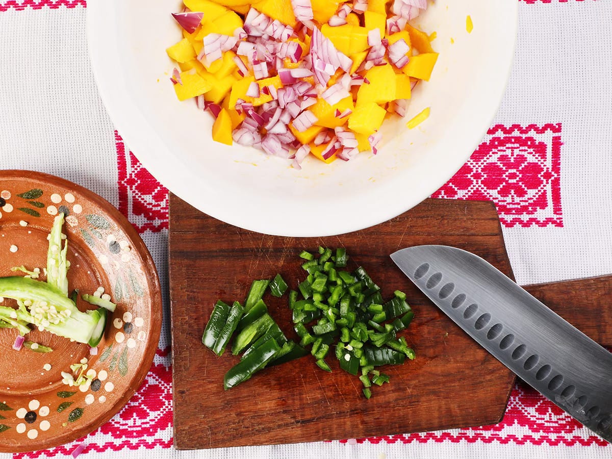 chopped jalapeño on cutting board