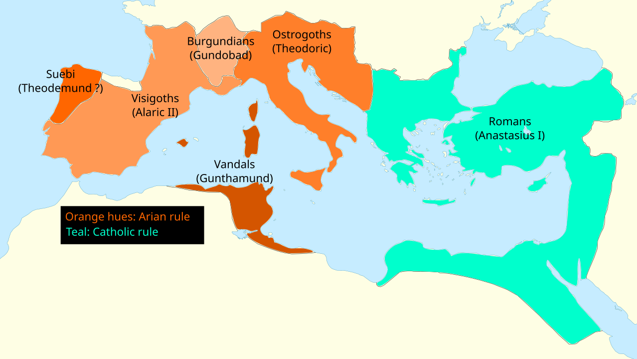 Arian rule in 495, after the collapse of the Roman Empire in the West, taken from https://en.wikipedia.org/wiki/Arianism#/media/File:Christian_states_495_AD_(en).svg