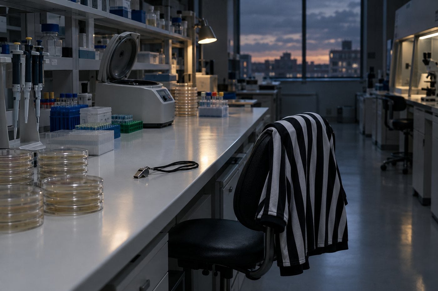 A molecular biology lab at dusk. A referee’s jersey hangs on a lab stool. A molecular biology lab at dusk. A referee’s jersey hangs on a lab stool.