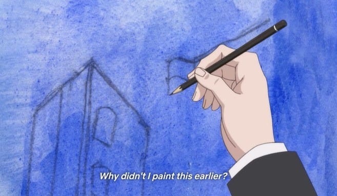 A imagem mostra uma mão segurando um instrumento de desenho um lápis e esboçando uma estrutura arquitetônica, que parece ser uma casa ou um prédio, em uma superfície azul texturizada que lembra uma tela de pintura. Na parte inferior da imagem, há uma legenda em inglês que diz: "Why didn't I paint this earlier?" (Por que não pintei isso antes?).
