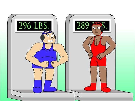 Cartoon of a person in a wrestling uniform standing on a weighing machine

AI-generated content may be incorrect.