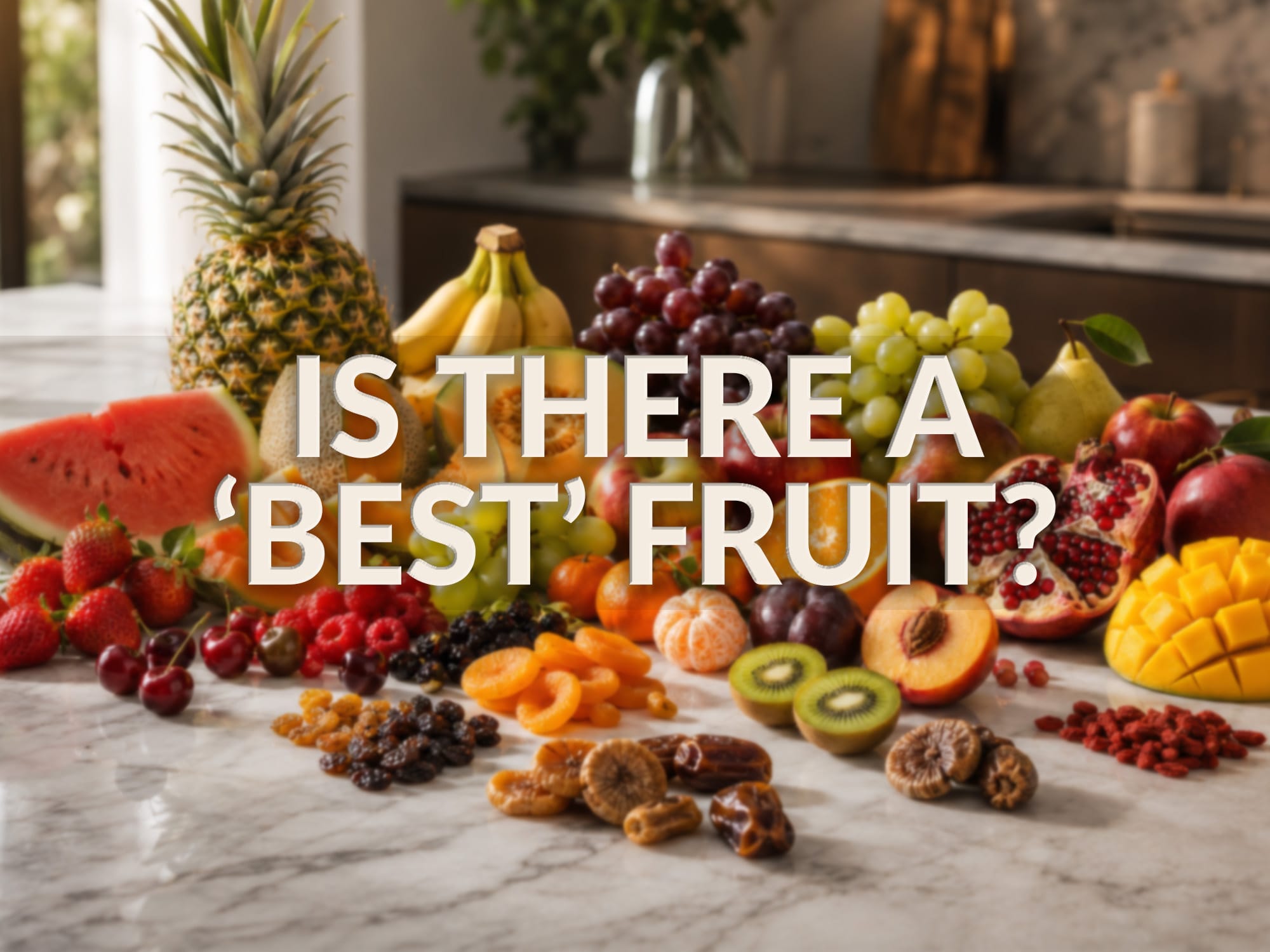 A wide selection of fruits laid out on a kitchen counter.