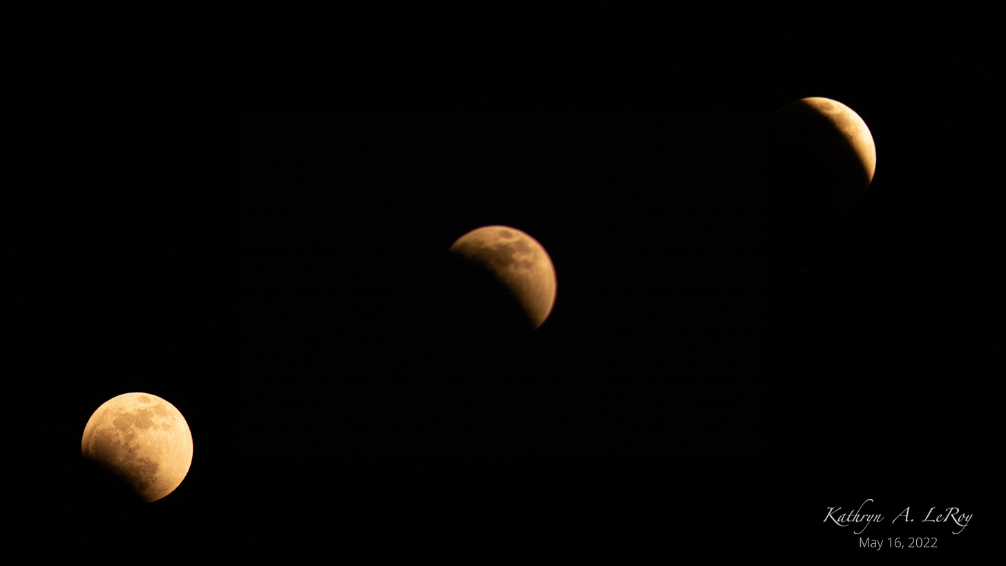 three images showing the progression of the total lunar eclipse against the black sky