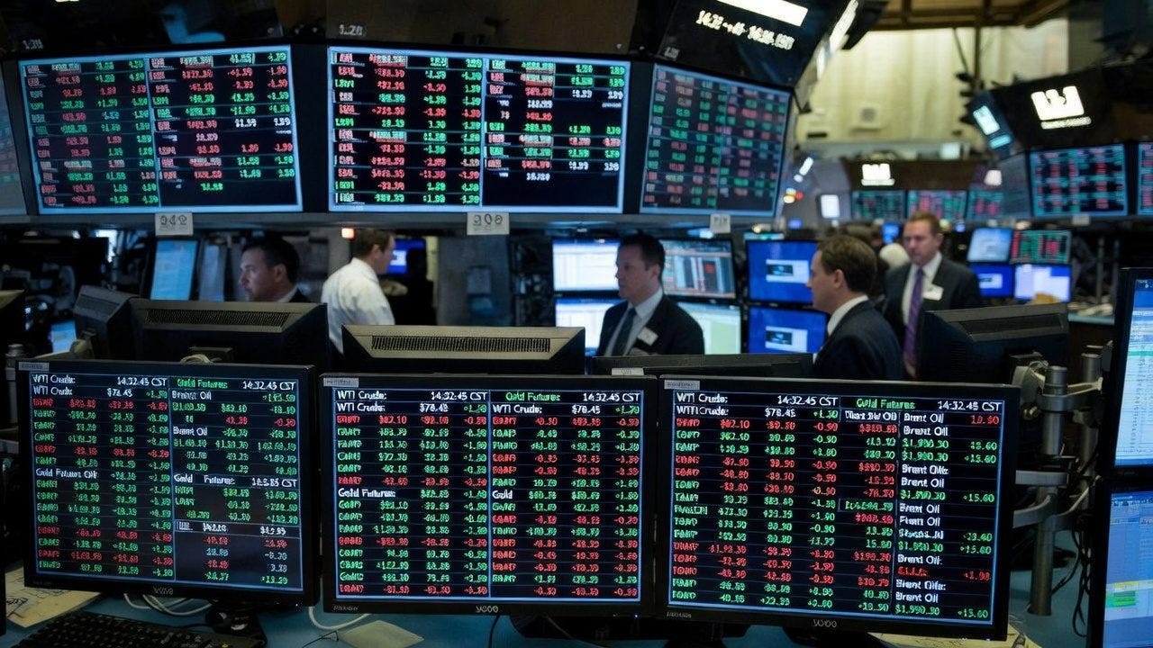 Stock traders monitor WTI crude oil and gold futures prices on trading floor screens