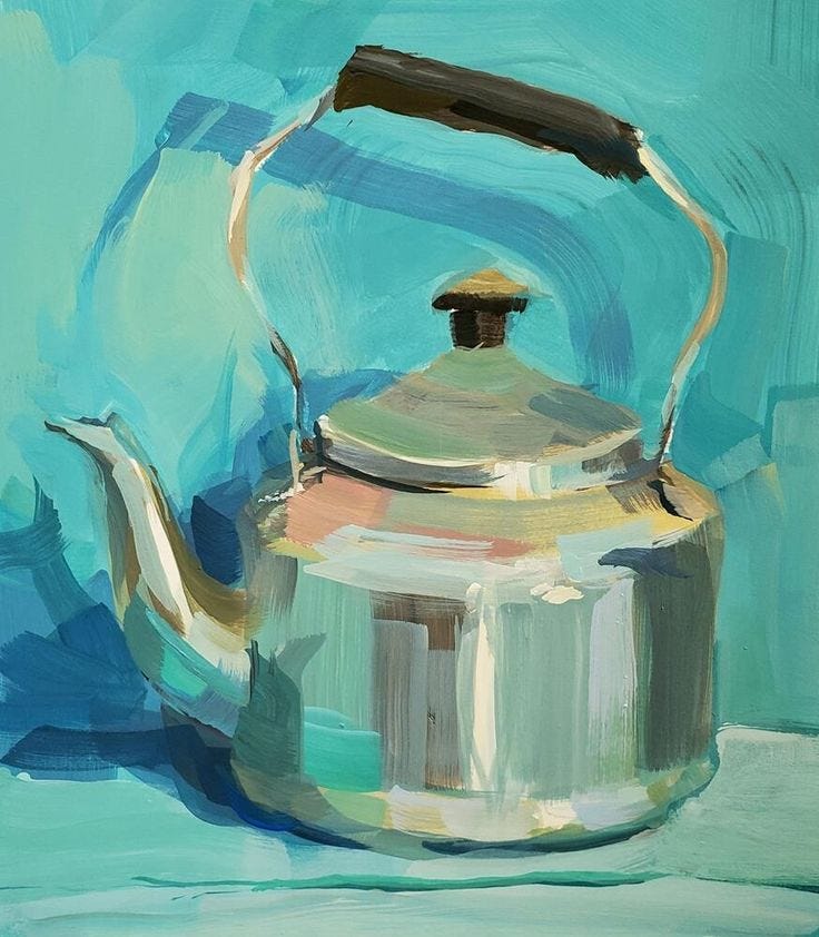 This may contain: a painting of a tea kettle on a blue background This may contain: a painting of a tea kettle on a blue background