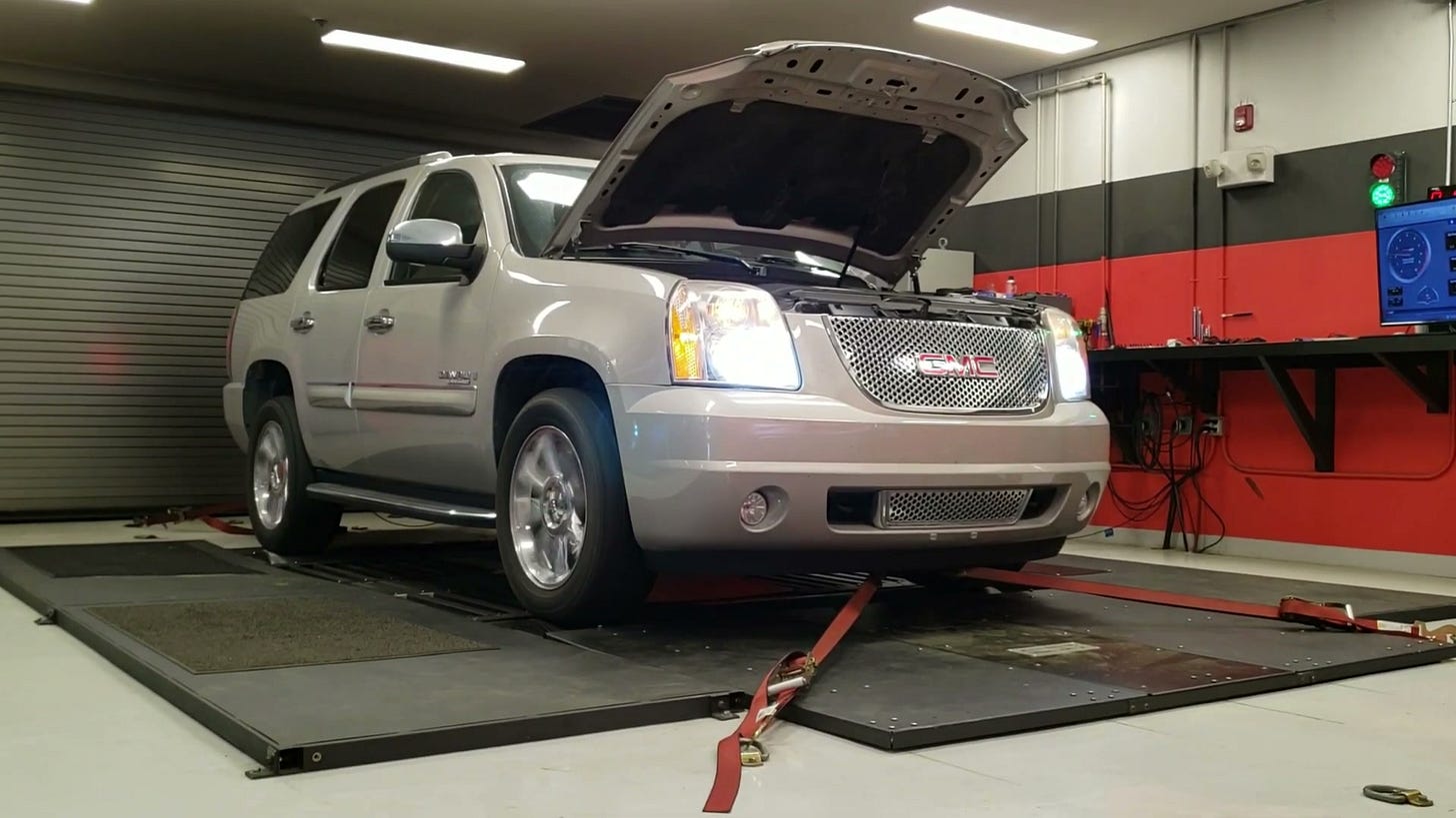 My supercharged Yukon Denali on the dyno - exactly the kind of modified vehicle that needs agreed value, where you and the insurer set the figure up front instead of arguing depreciation after a total loss.