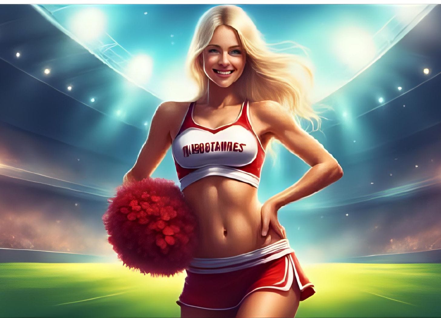 A beautiful, slender woman with long blonde hair and blue eyes is wearing and posing in a cheerleader outfit with a sports bra and mini skirt in the middle of a football stadium. 