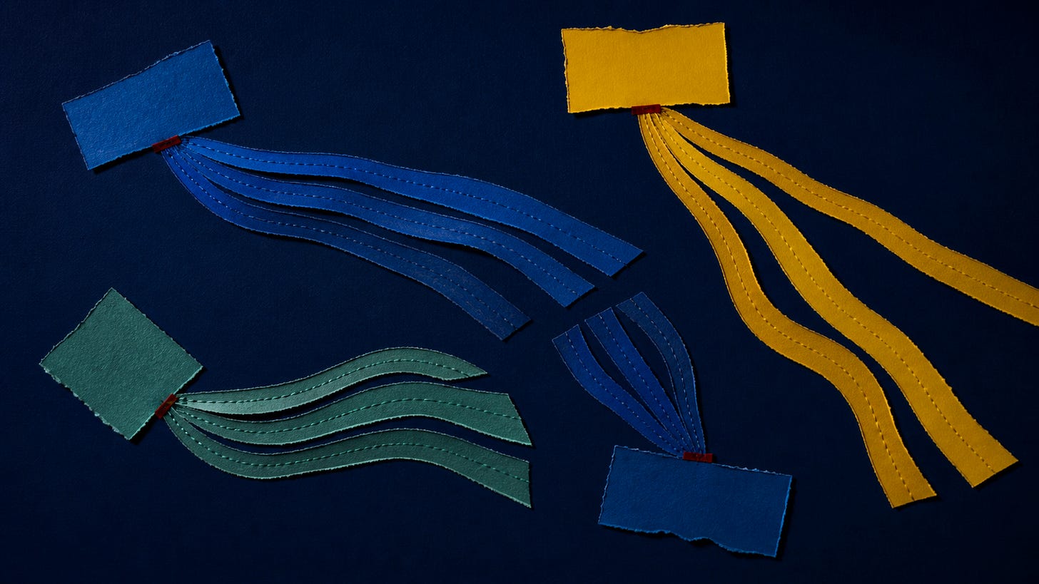 Separate blue, green and gold paper paths split and end apart, showing how differing decisions fragment work before production begins.