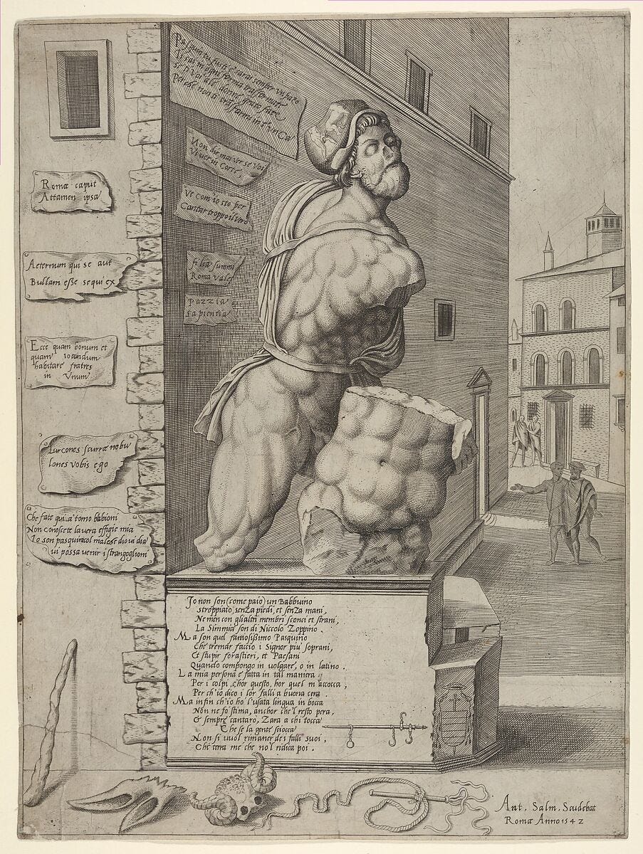 Pasquino, print published by Antoine du Pérac Lafréry, Metropolitan Museum of Art.