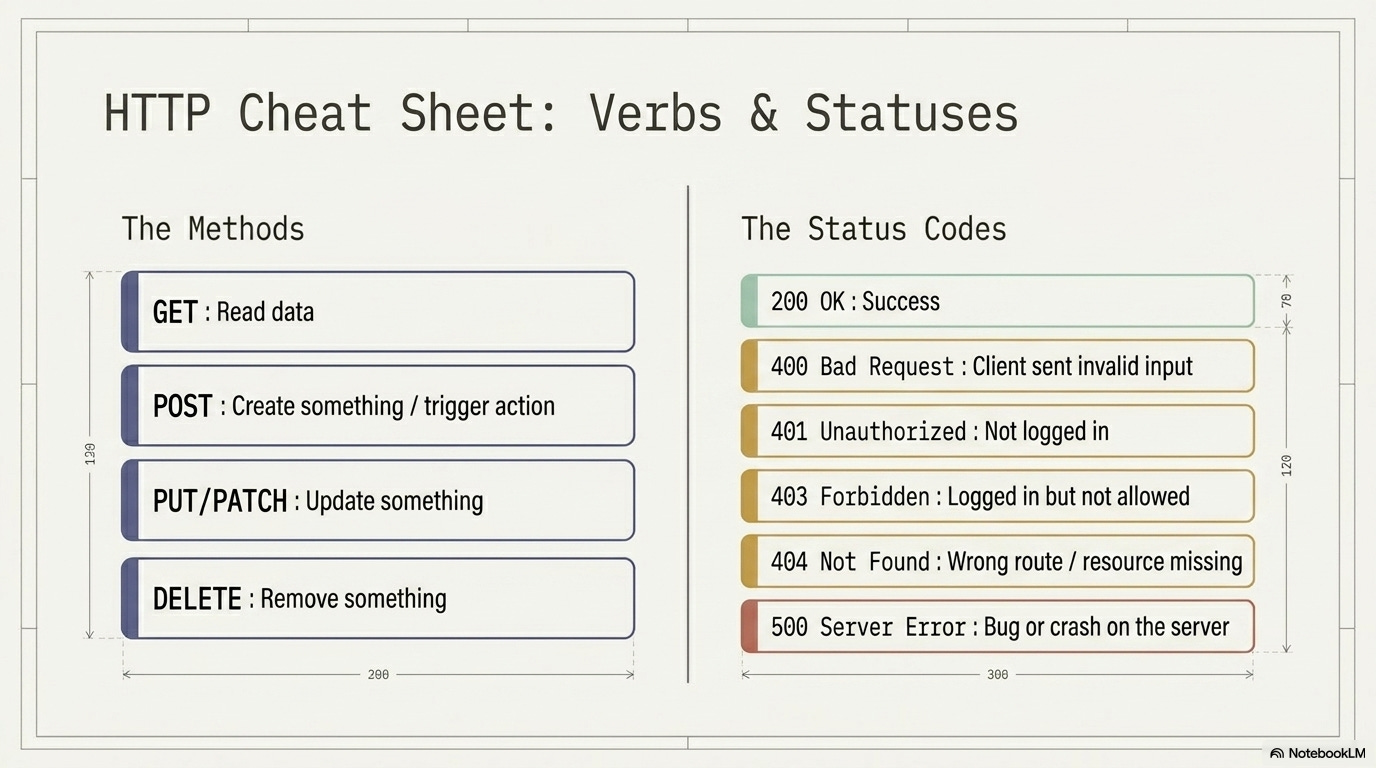 HTTP Cheat Sheet: Verbs & Statuses” showing common HTTP methods—GET (read data), POST (create/trigger action), PUT/PATCH (update), DELETE (remove)—and common HTTP status codes—200 OK (success), 400 Bad Request (invalid input), 401 Unauthorized (not logged in), 403 Forbidden (logged in but not allowed), 404 Not Found (wrong route/resource missing), 500 Server Error (bug/crash on the server)
