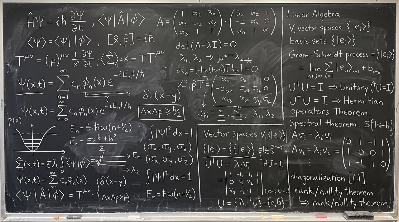 A blackboard of linear algebra theorems and basis working