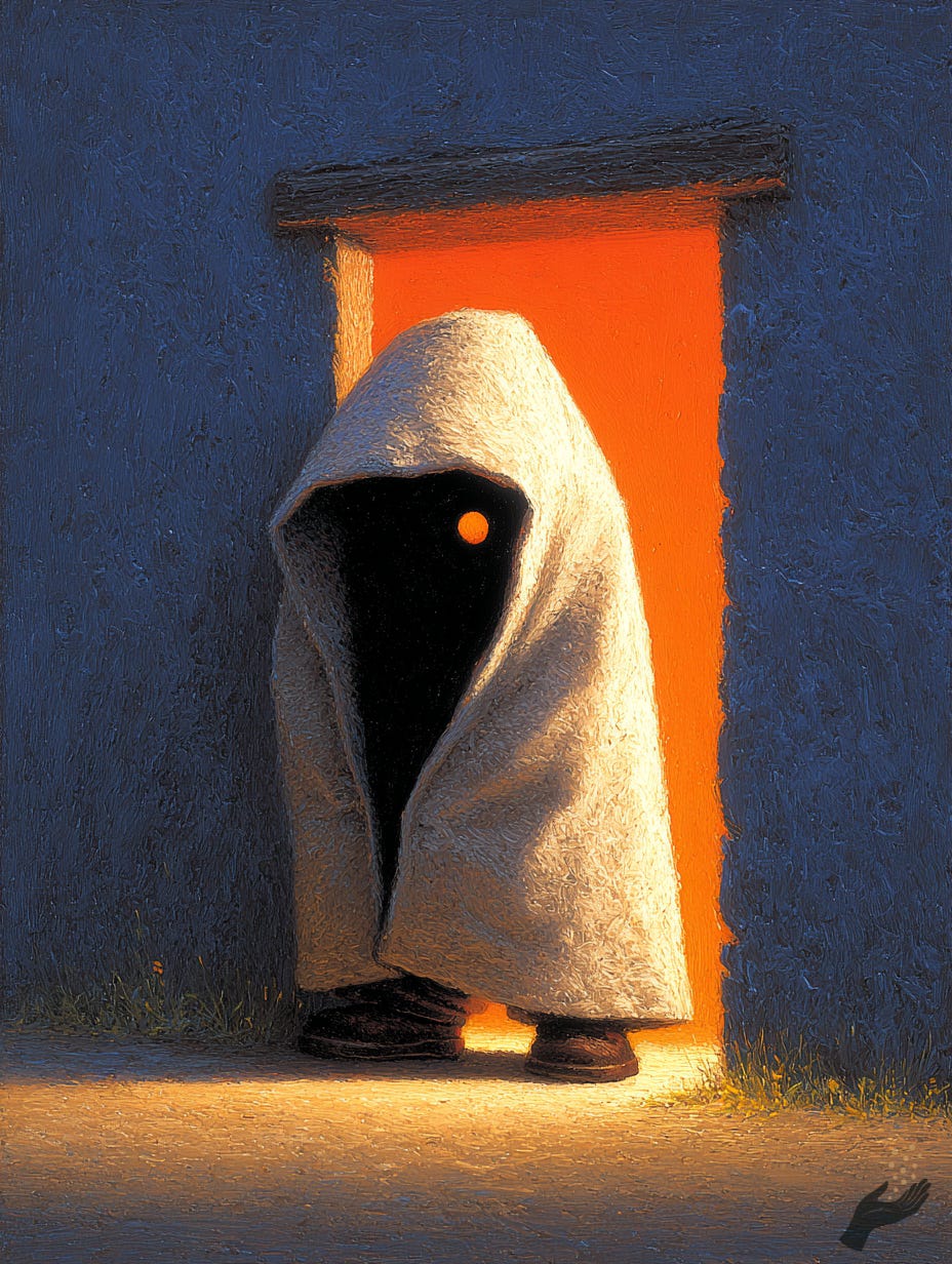 Surreal image of a small hooded figure with a glowing eye standing in an orange-lit doorway against a blue wall. 