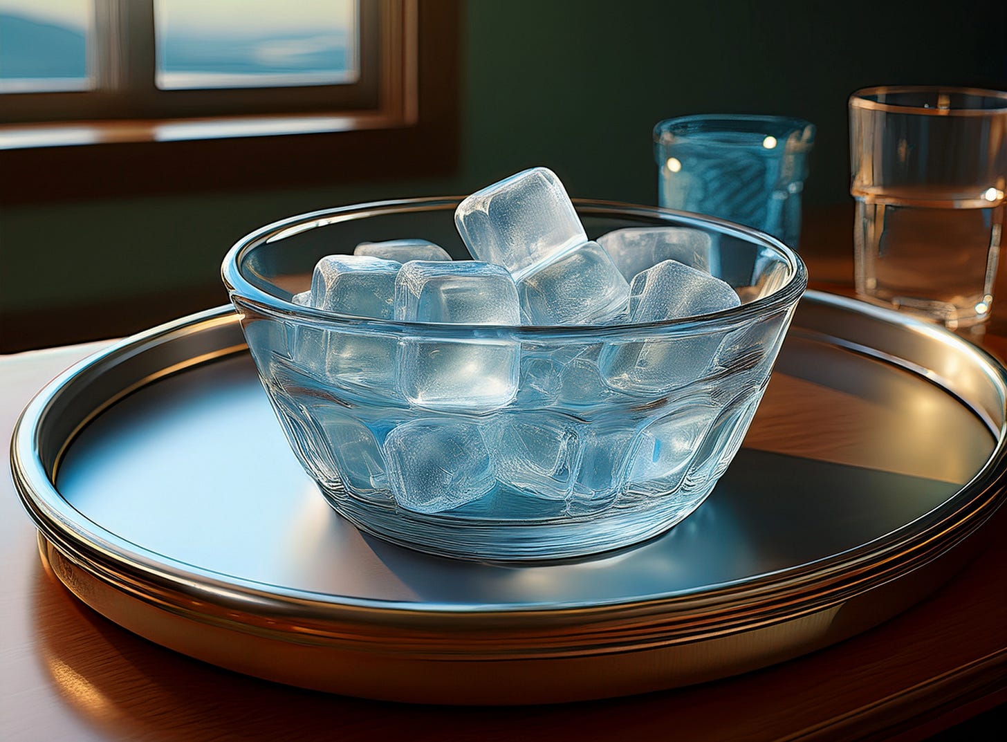 Ice cubes in a clear glass bowl on a vintage hospital tray, evoking Sister Geneviève's tender care for St. Thérèse during her final moments.