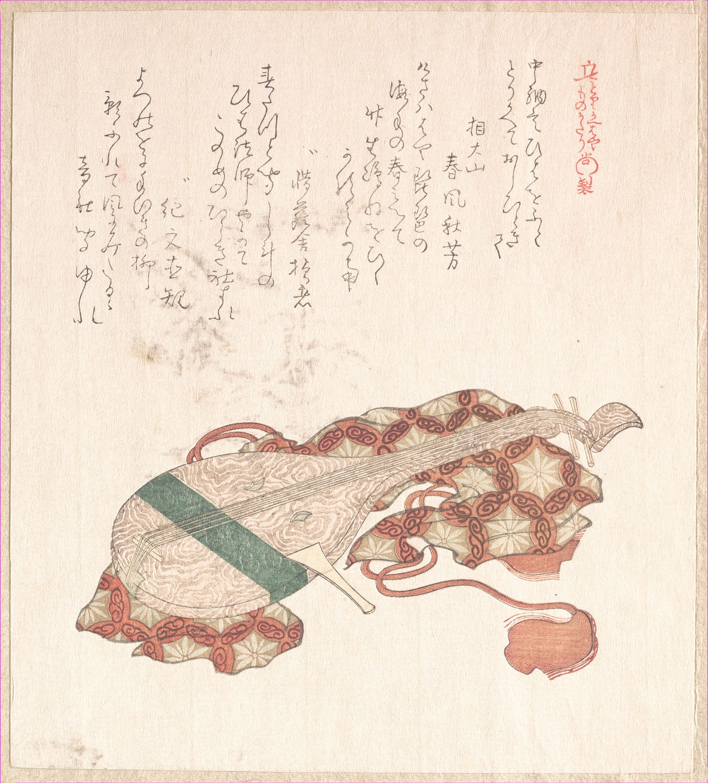 Biwa (Japanese Lute) with Cover, Kubo Shunman (Japanese, 1757–1820), Woodblock print (surimono); ink and color on paper, Japan