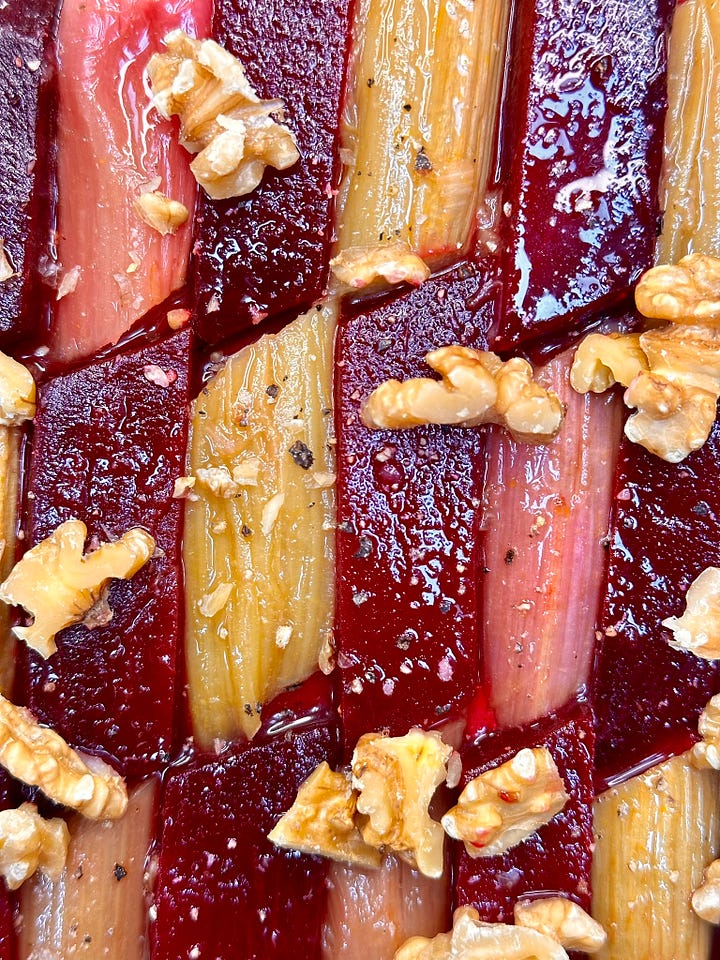Rhubarb recipes: beetroot salad, ginger rhubarb cheesecake and stewed rhubarb porridge