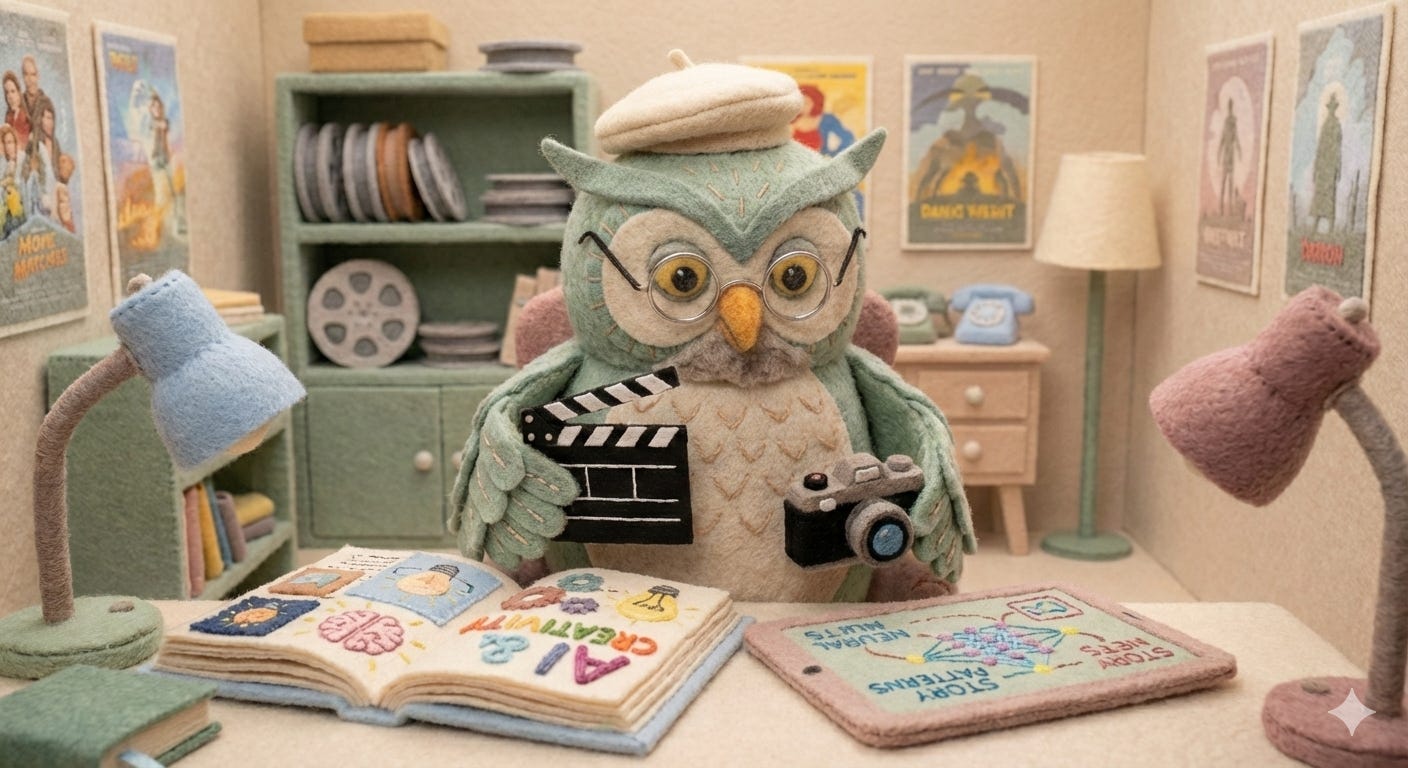 An owl filmmaker reading about AI & Creativity