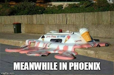 An icecream truck melts onto the sidewalk. Caption: Meanwhile in Phoenix