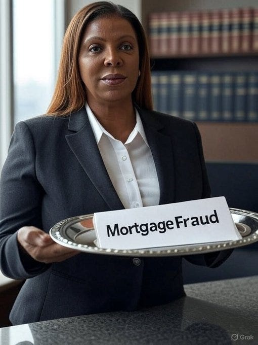 The image shows a woman in a professional setting, wearing a dark blazer and white shirt, holding a silver platter with a sign reading "MortgageFraud." The background includes bookshelves and a modern office, suggesting a legal or corporate environment. The post text, referencing Letitia James and Special Prosecutor Ed Martin, indicates this is a satirical or critical depiction of alleged mortgage fraud involving James, a prominent figure. The composition is clear and well-lit, with the text overlay on the platter tying directly to the allegations of a 40-year criminal enterprise detailed in the original post. A watermark from "@Grk" is visible, indicating the image source.