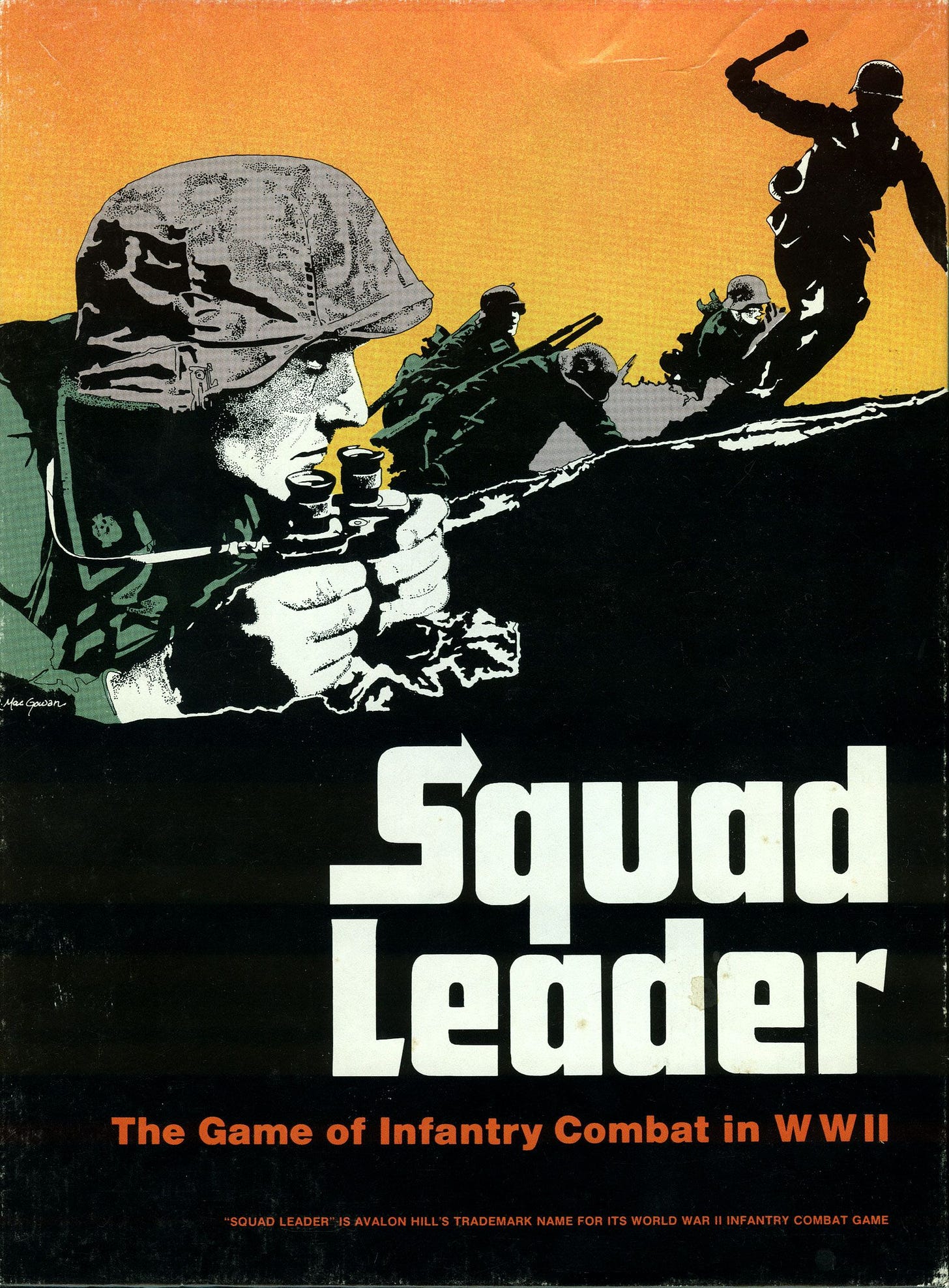 Squad Leader box showing a WWII GI with binoculaurs looking on as other men charge over a hill Squad Leader box showing a WWII GI with binoculaurs looking on as other men charge over a hill