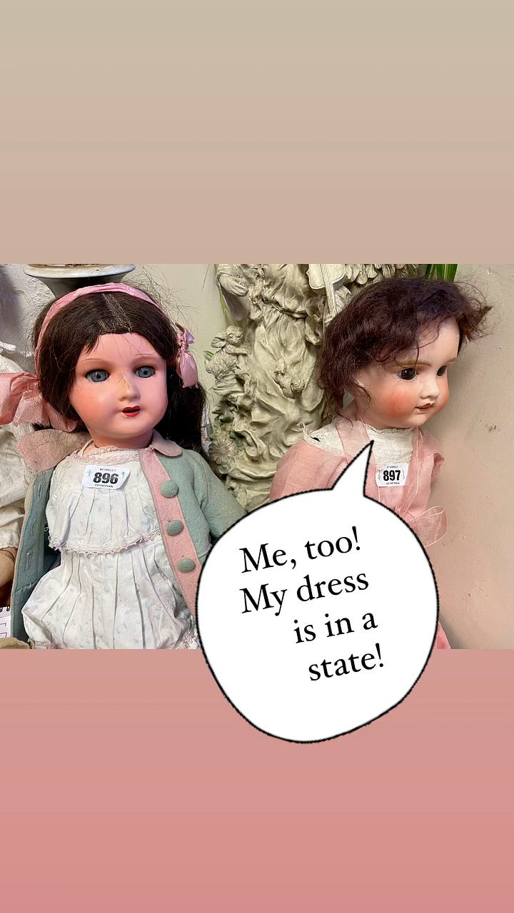 Two dolls with speech bubbles expressing their hope that I will mend them.