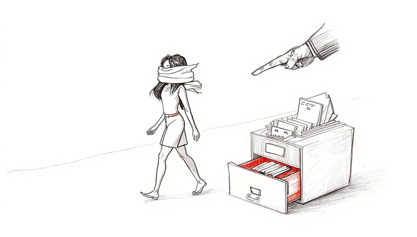 Blindfolded person led by a pointing hand past an ignored open archive Blindfolded person led by a pointing hand past an ignored open archive