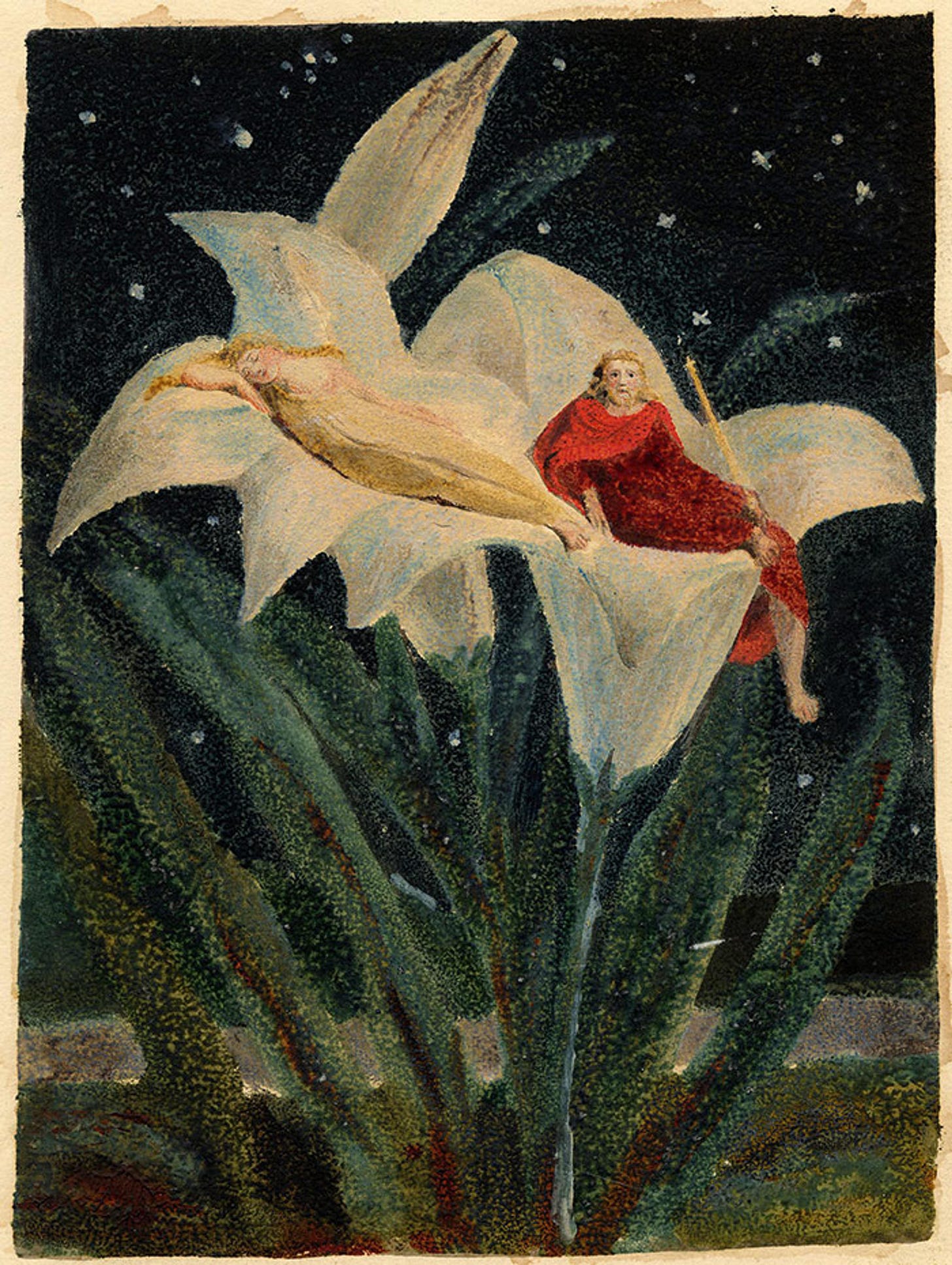 Painting of woman in a cream dress and a man in a red robe and golden crown, both resting on giant white lilies under a starry night sky.