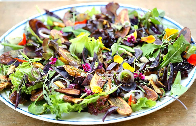Farm Stand Salad with Roasted Fingerlings, Spring Onions, Shiitakes and Snow Peas, Cook the Vineyard Farm Stand Salad with Roasted Fingerlings, Spring Onions, Shiitakes and Snow Peas, Cook the Vineyard