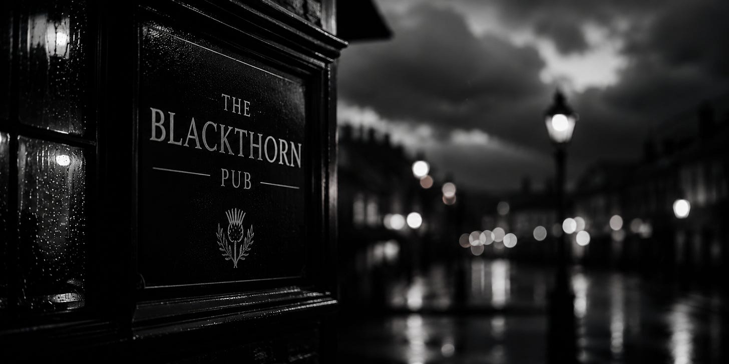 **Alt Text:**  A moody black and white photograph of a traditional British pub sign reading *The Blackthorn Pub* mounted on a rain-soaked exterior wall. Water droplets glisten on the dark painted surface, while the background fades into soft focus, revealing a wet town street illuminated by old-fashioned street lamps and blurred lights reflected in the pavement. Heavy clouds hang overhead, creating a cinematic atmosphere of solitude, nostalgia, and quiet anticipation. The image evokes themes of memory, belonging, and the enduring presence of familiar places after dark.