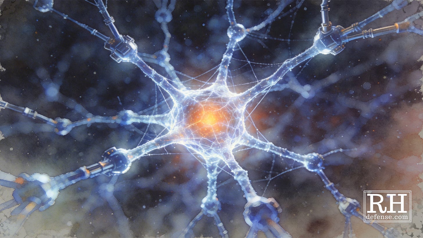 A close-up illustration of a single neuron rendered in a watercolor and digital hybrid style. The neuron's branching arms extend outward in cold blues and whites against a dark, cloudy background. At the center, a single node glows in warm amber and orange — distinct from the mechanical blue of the surrounding structure — suggesting an internal state separate from the rest of the network.